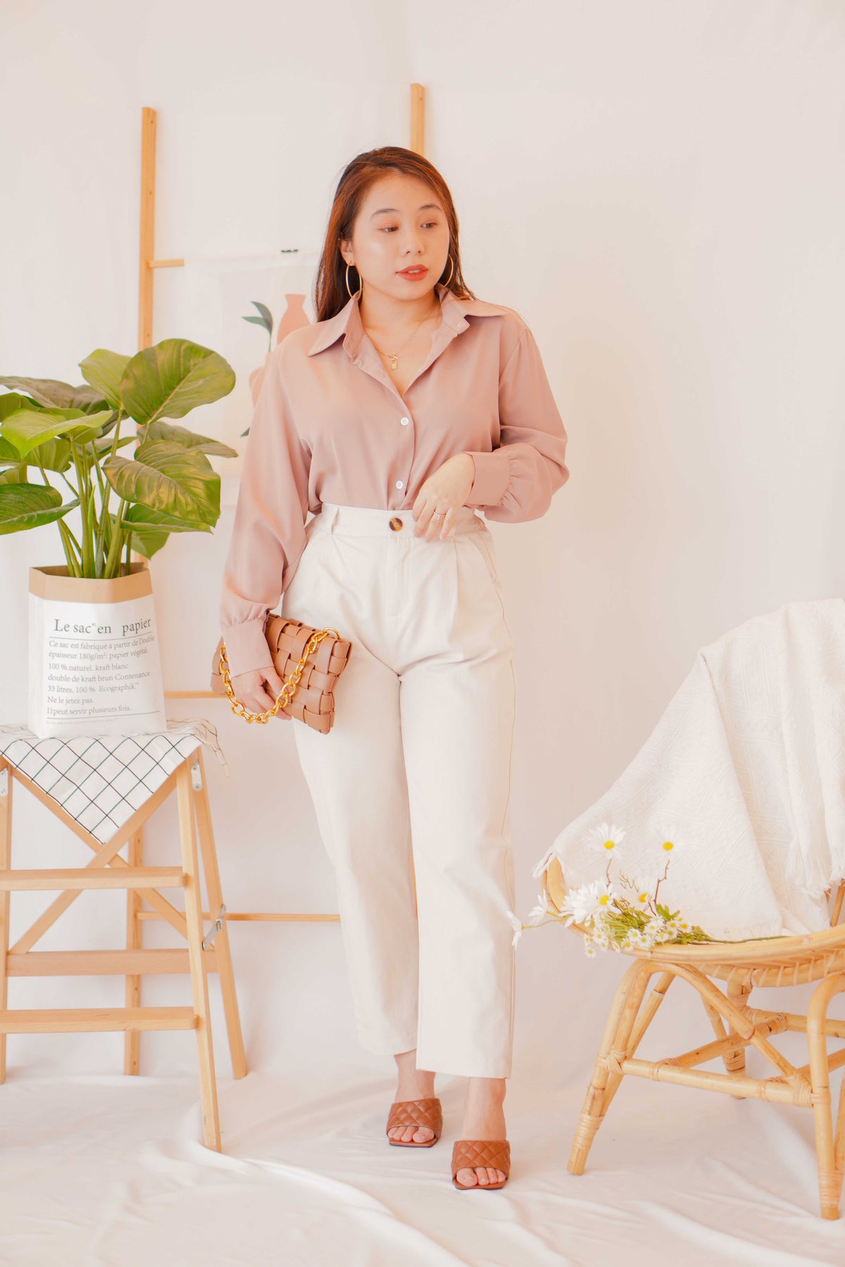 Kiv Button Down Top in Khaki