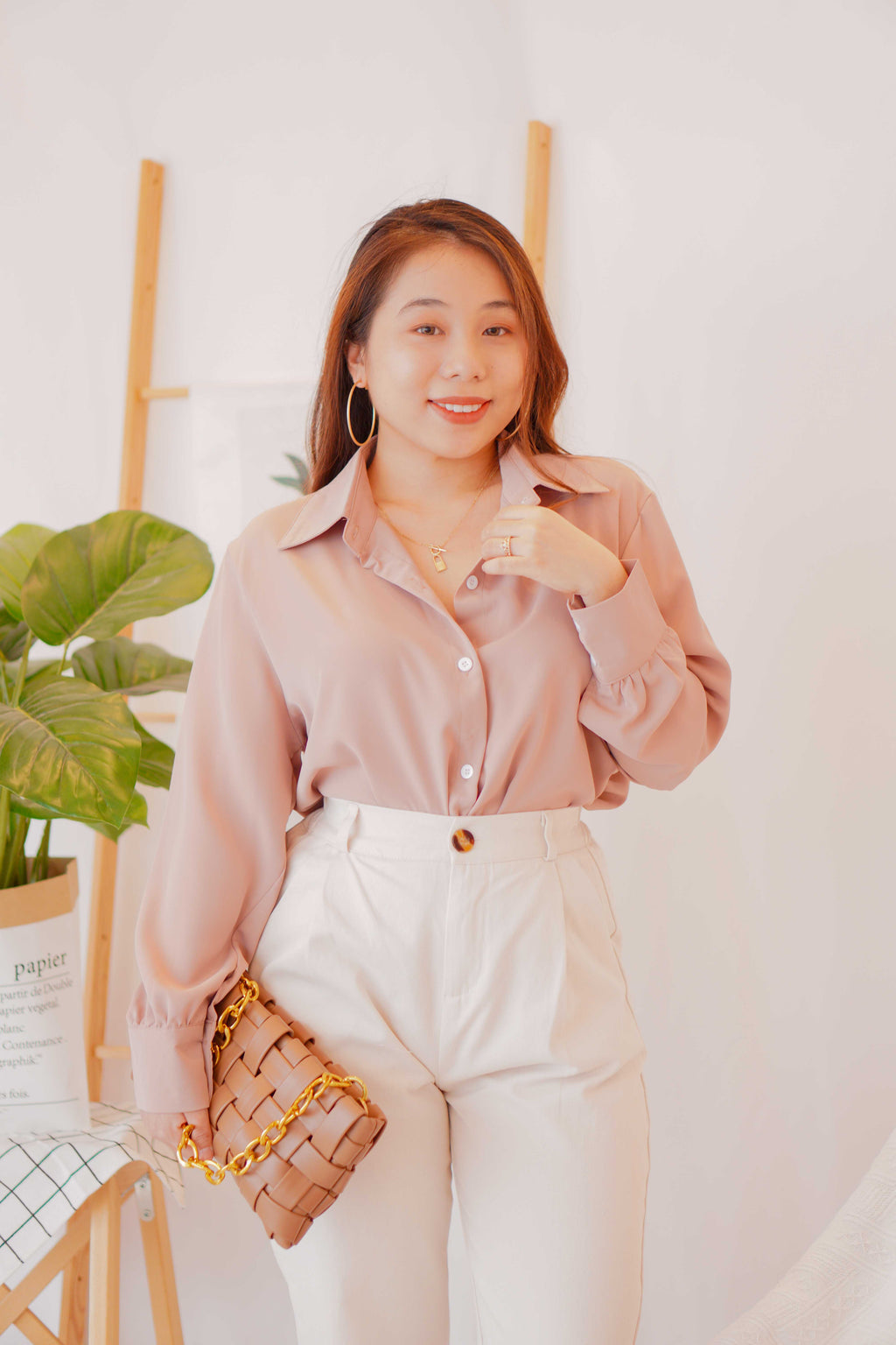 Kiv Button Down Top in Khaki