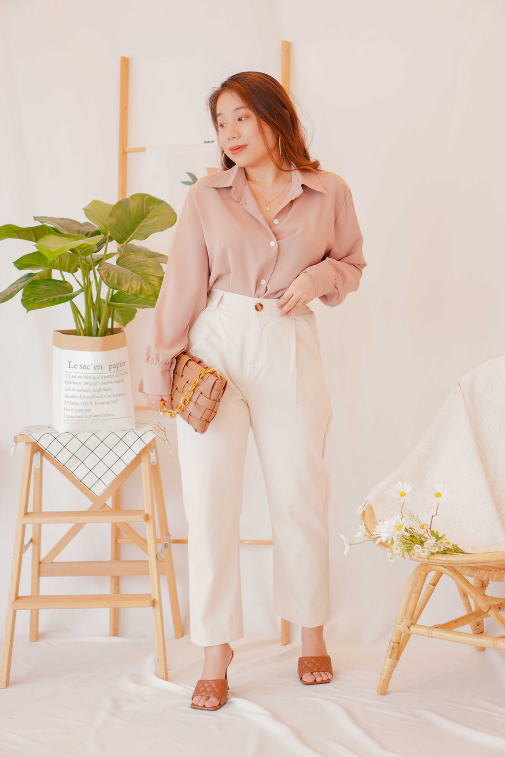 Kiv Button Down Top in Khaki