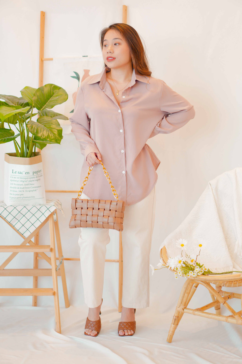 Kiv Button Down Top in Khaki