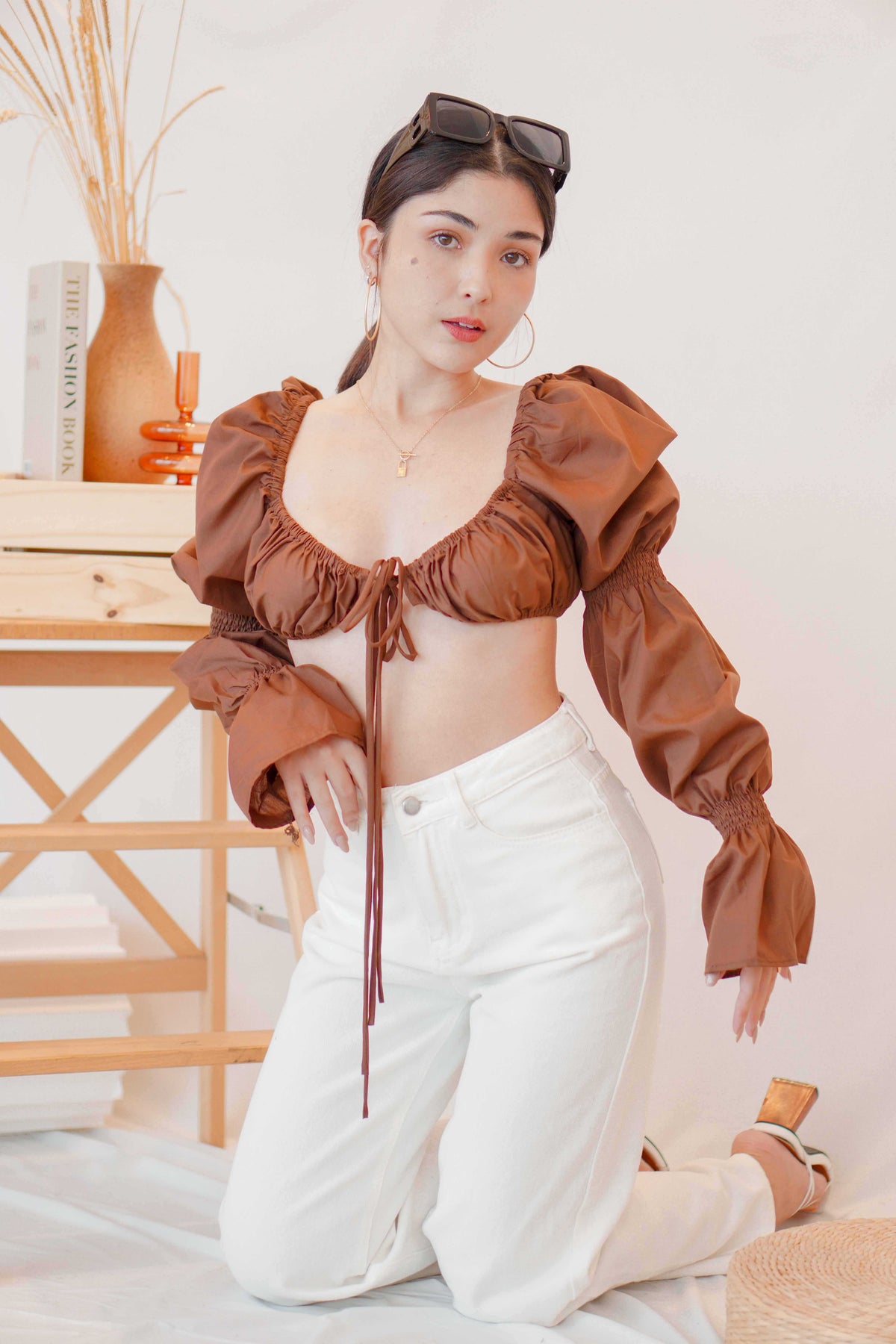 Paloma Long Sleeve Tie Crop Top in Brown