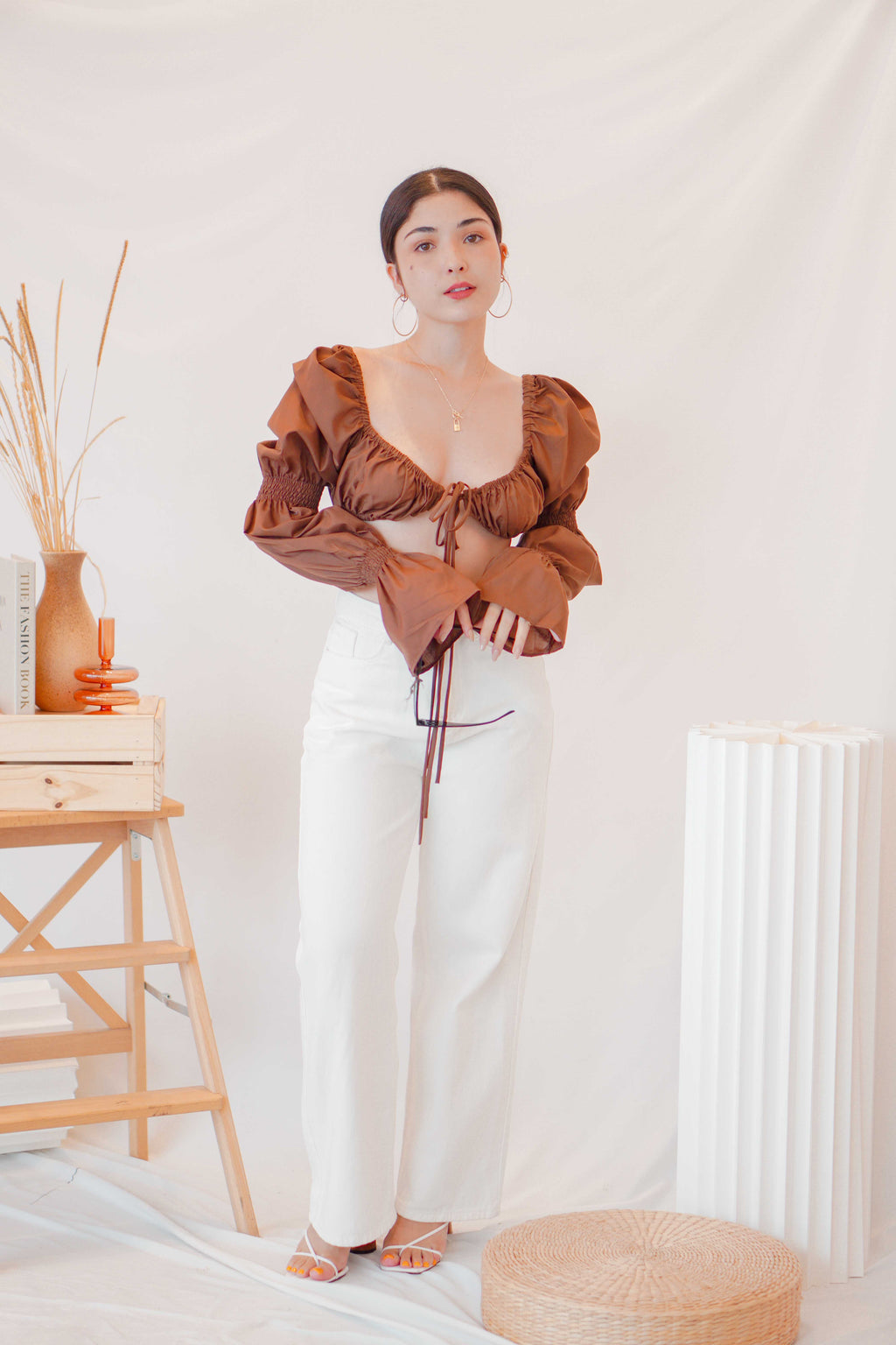 Paloma Long Sleeve Tie Crop Top in Brown