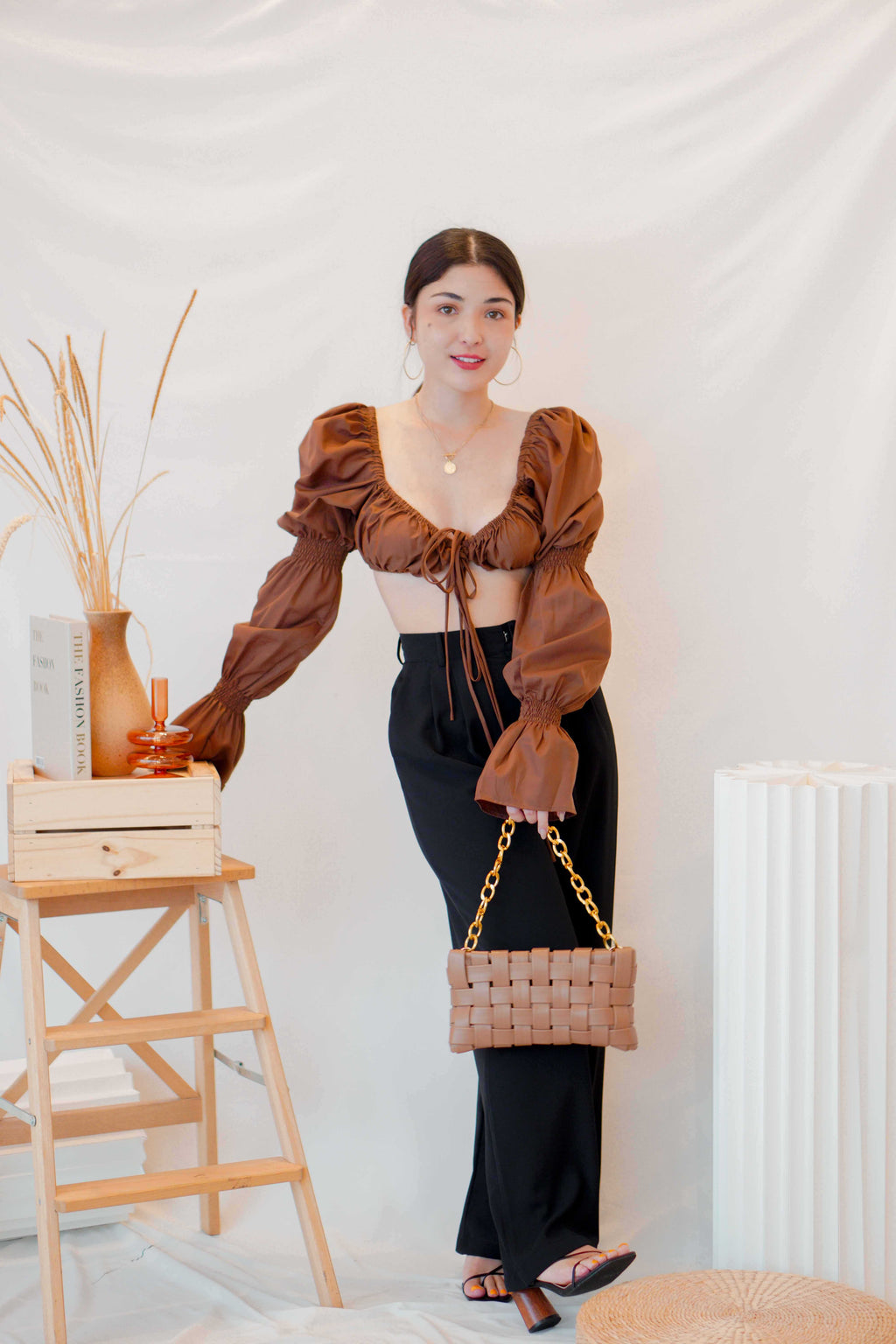 Paloma Long Sleeve Tie Crop Top in Brown