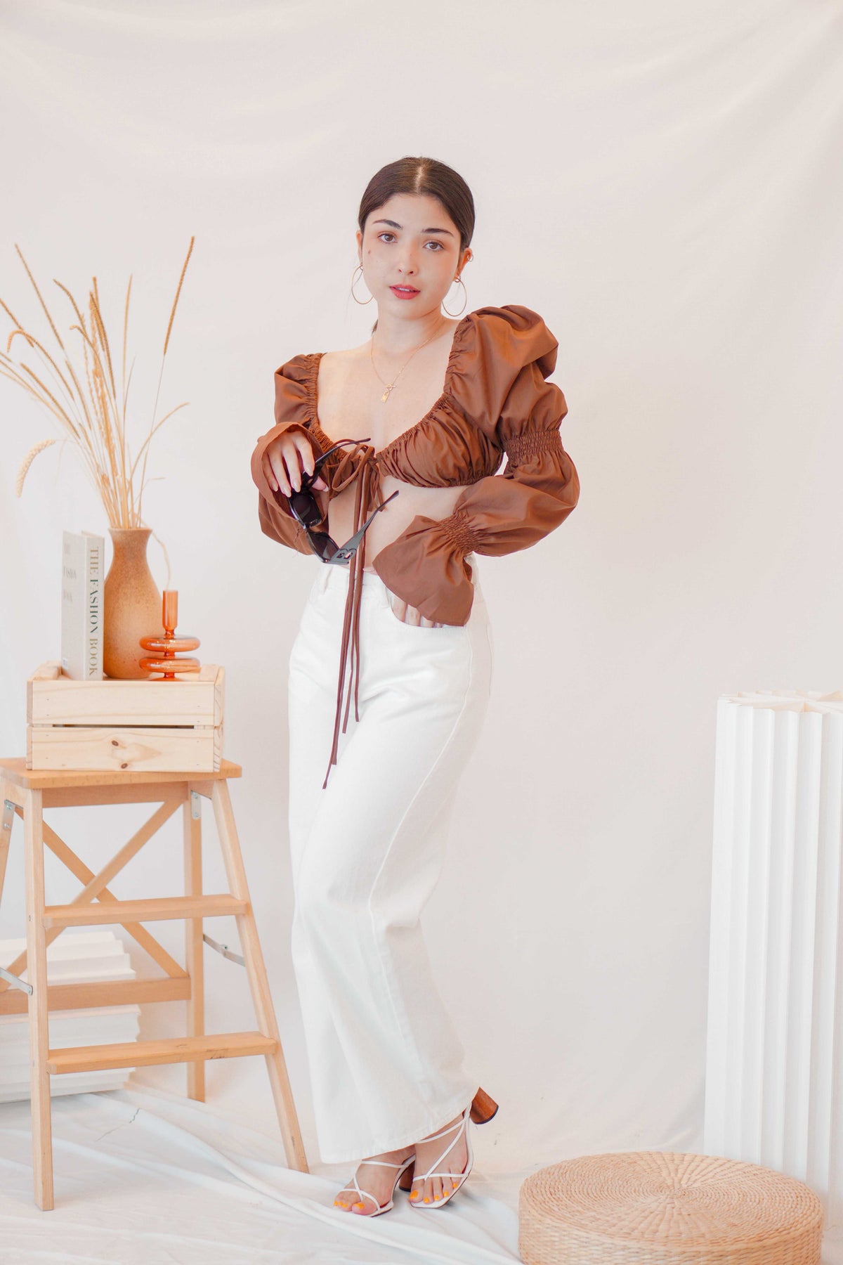 Paloma Long Sleeve Tie Crop Top in Brown