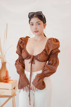 Paloma Long Sleeve Tie Crop Top in Brown