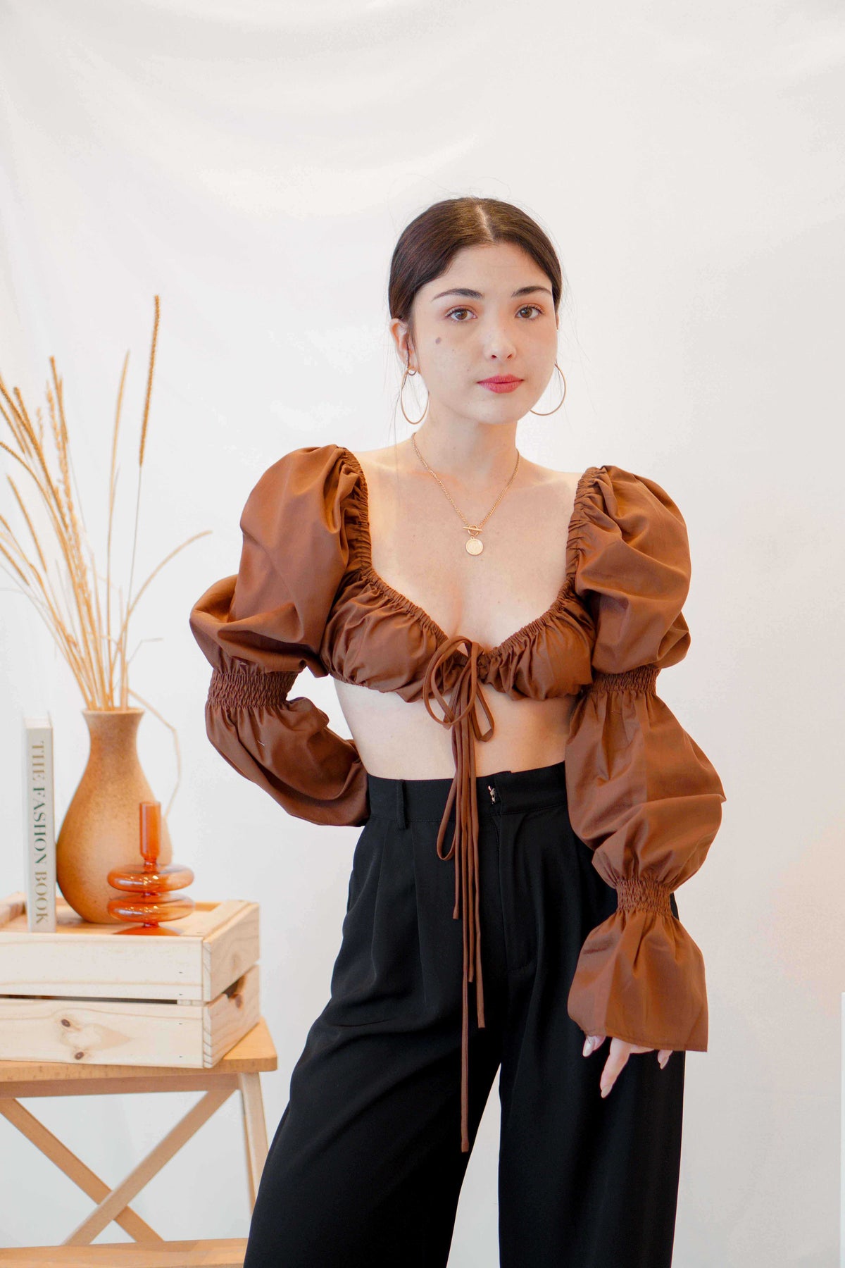 Paloma Long Sleeve Tie Crop Top in Brown