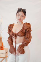 Paloma Long Sleeve Tie Crop Top in Brown