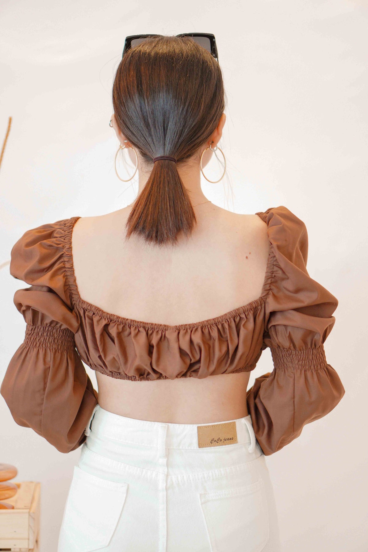 Paloma Long Sleeve Tie Crop Top in Brown