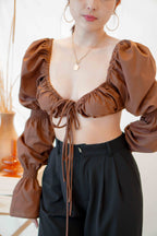 Paloma Long Sleeve Tie Crop Top in Brown