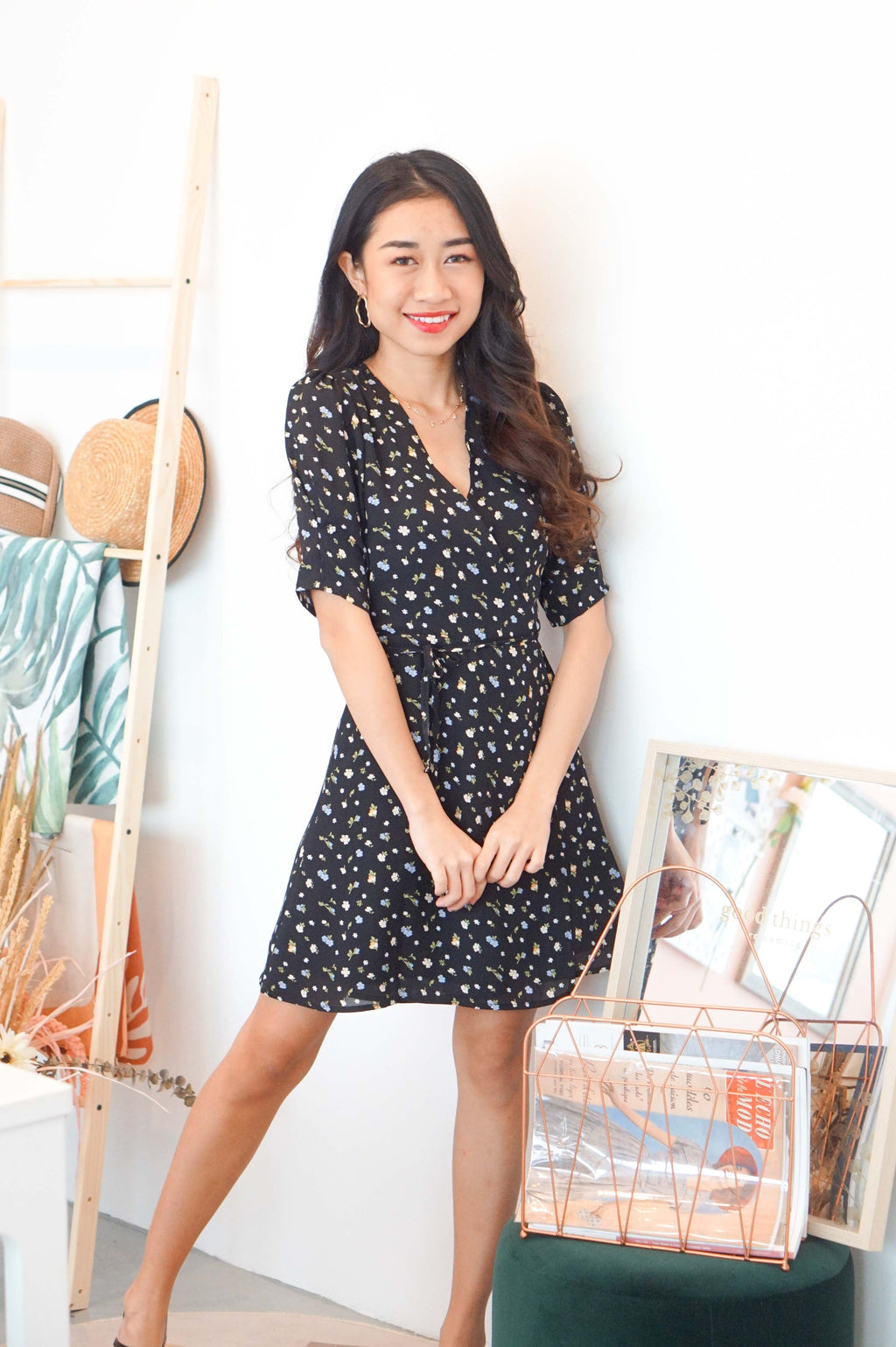 Girly Days Floral Self Wrap Dress in Black