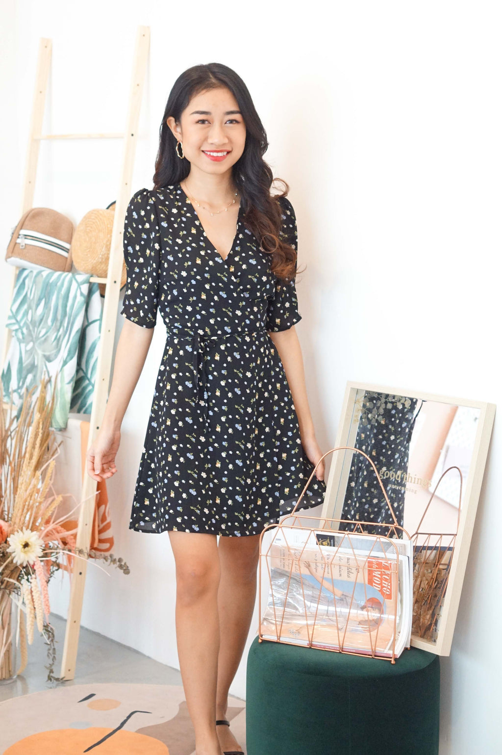 Girly Days Floral Self Wrap Dress in Black