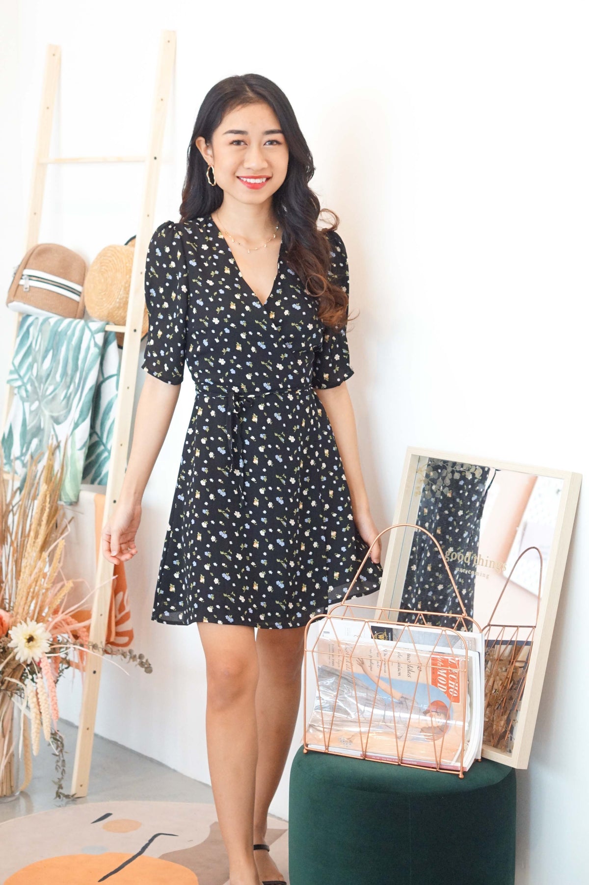 Girly Days Floral Self Wrap Dress in Black