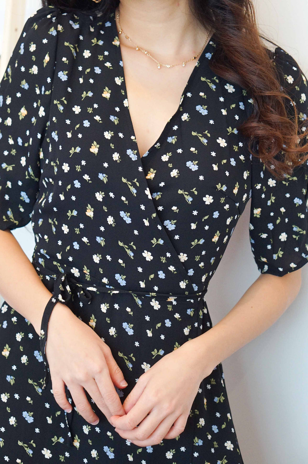 Girly Days Floral Self Wrap Dress in Black