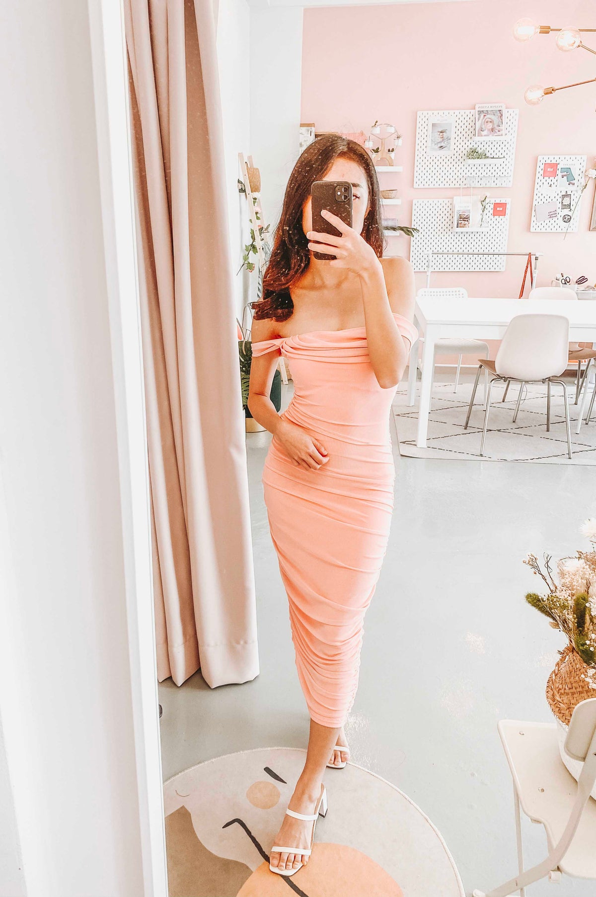 Glam For Me Off Shoulder Dress in Pink Peach
