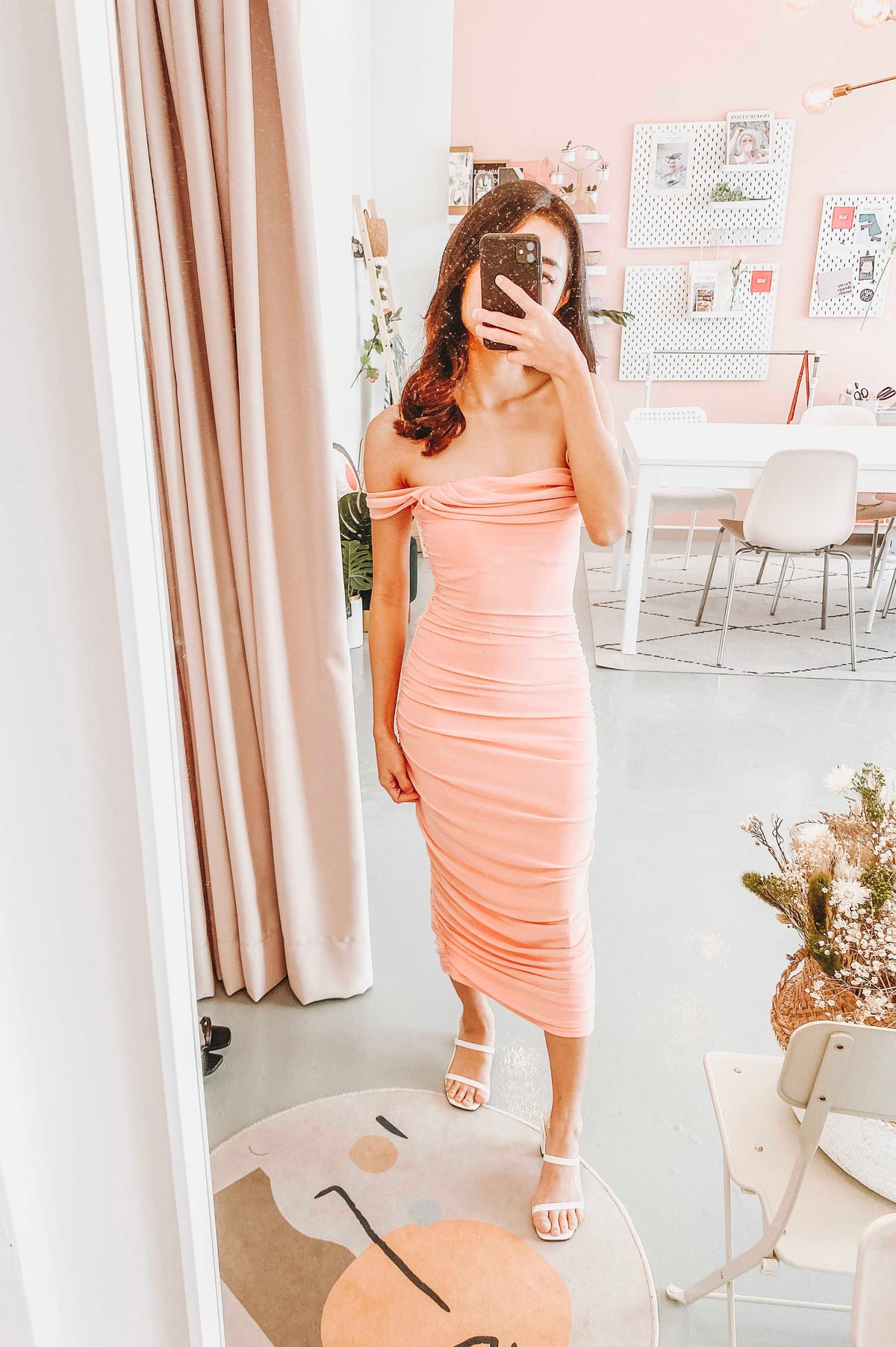 Glam For Me Off Shoulder Dress in Pink Peach