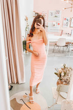 Glam For Me Off Shoulder Dress in Pink Peach