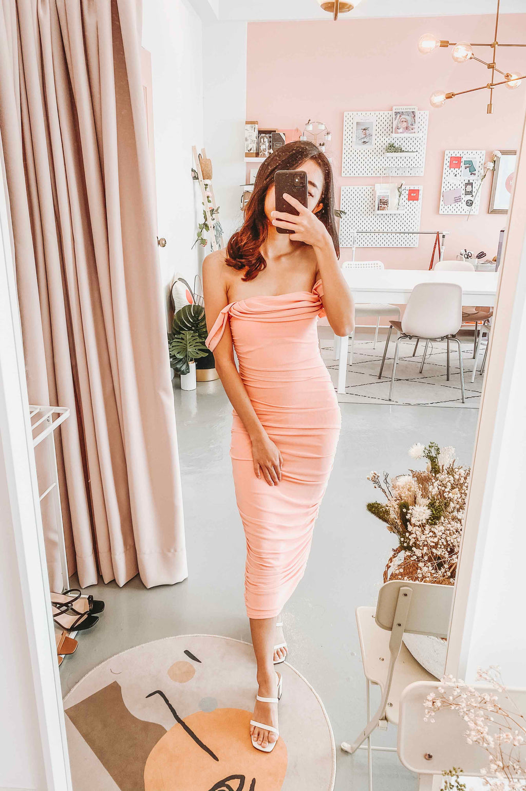 Glam For Me Off Shoulder Dress in Pink Peach