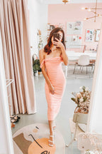 Glam For Me Off Shoulder Dress in Pink Peach