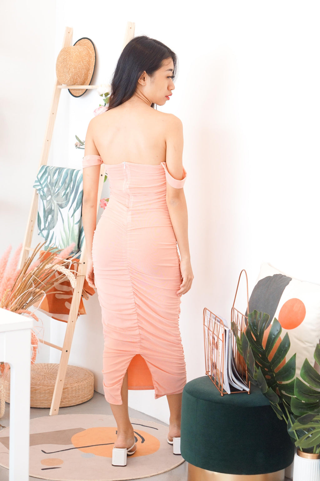 Glam For Me Off Shoulder Dress in Pink Peach