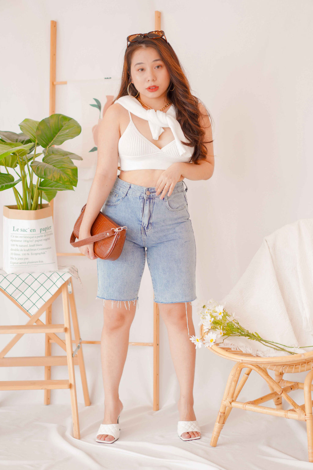 Peaches Midi Denim Shorts in Blue