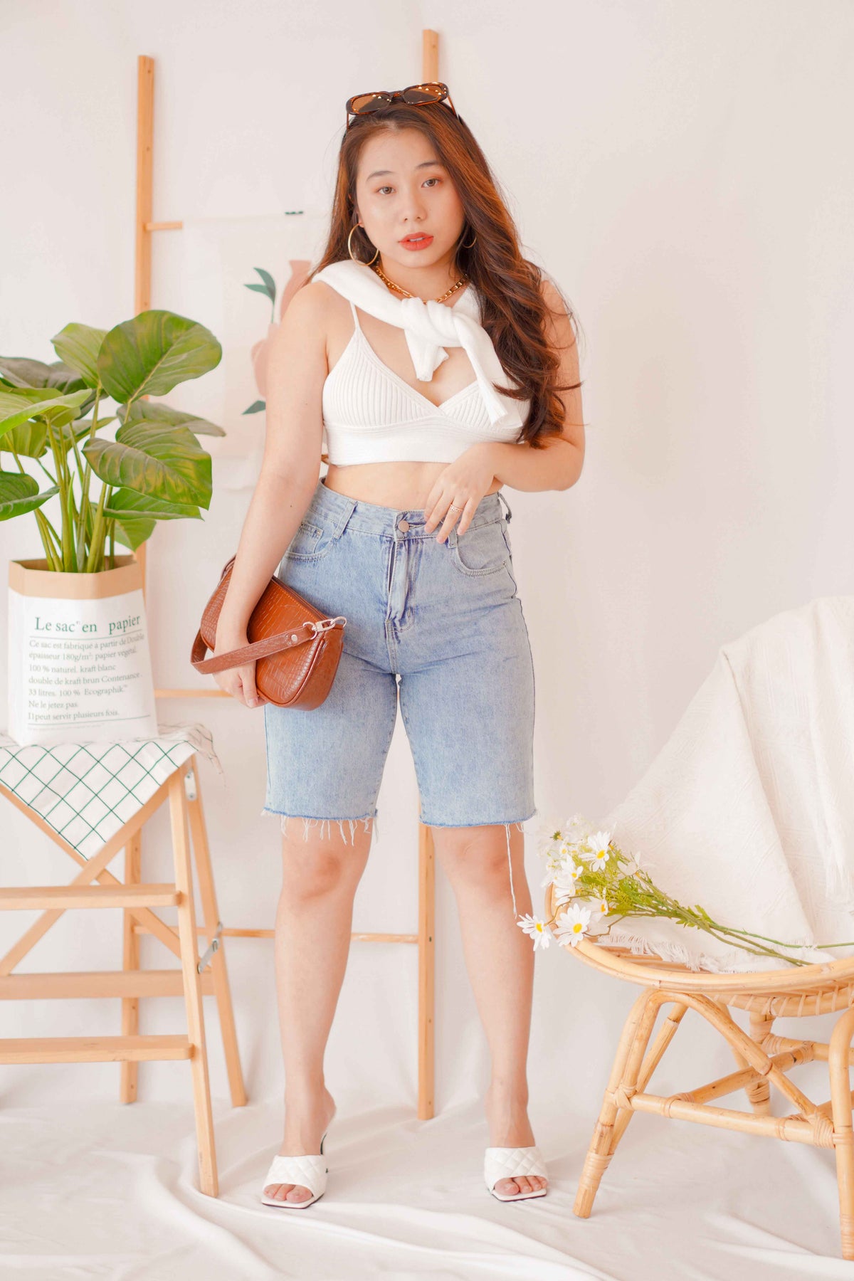 Peaches Midi Denim Shorts in Blue