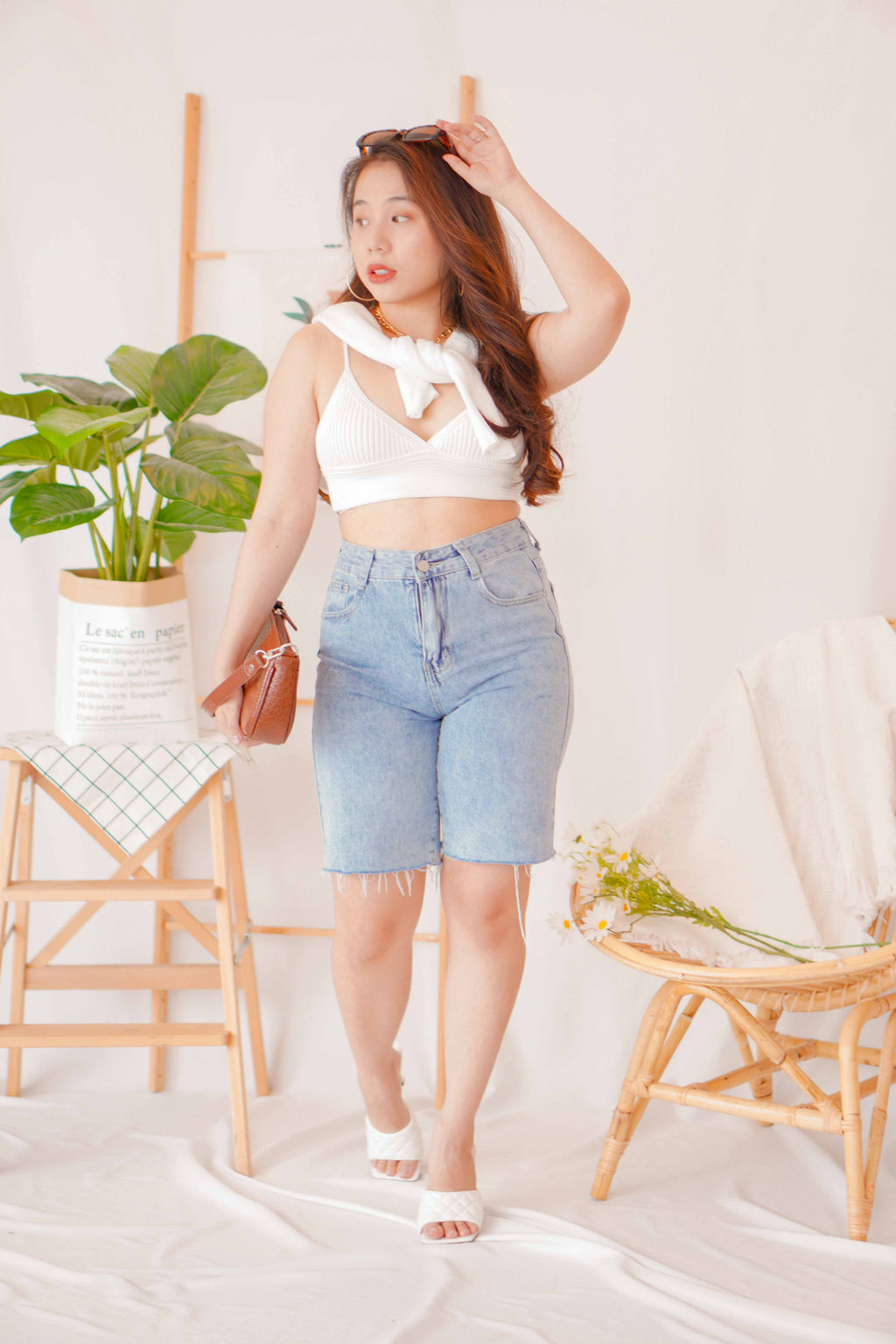 Peaches Midi Denim Shorts in Blue
