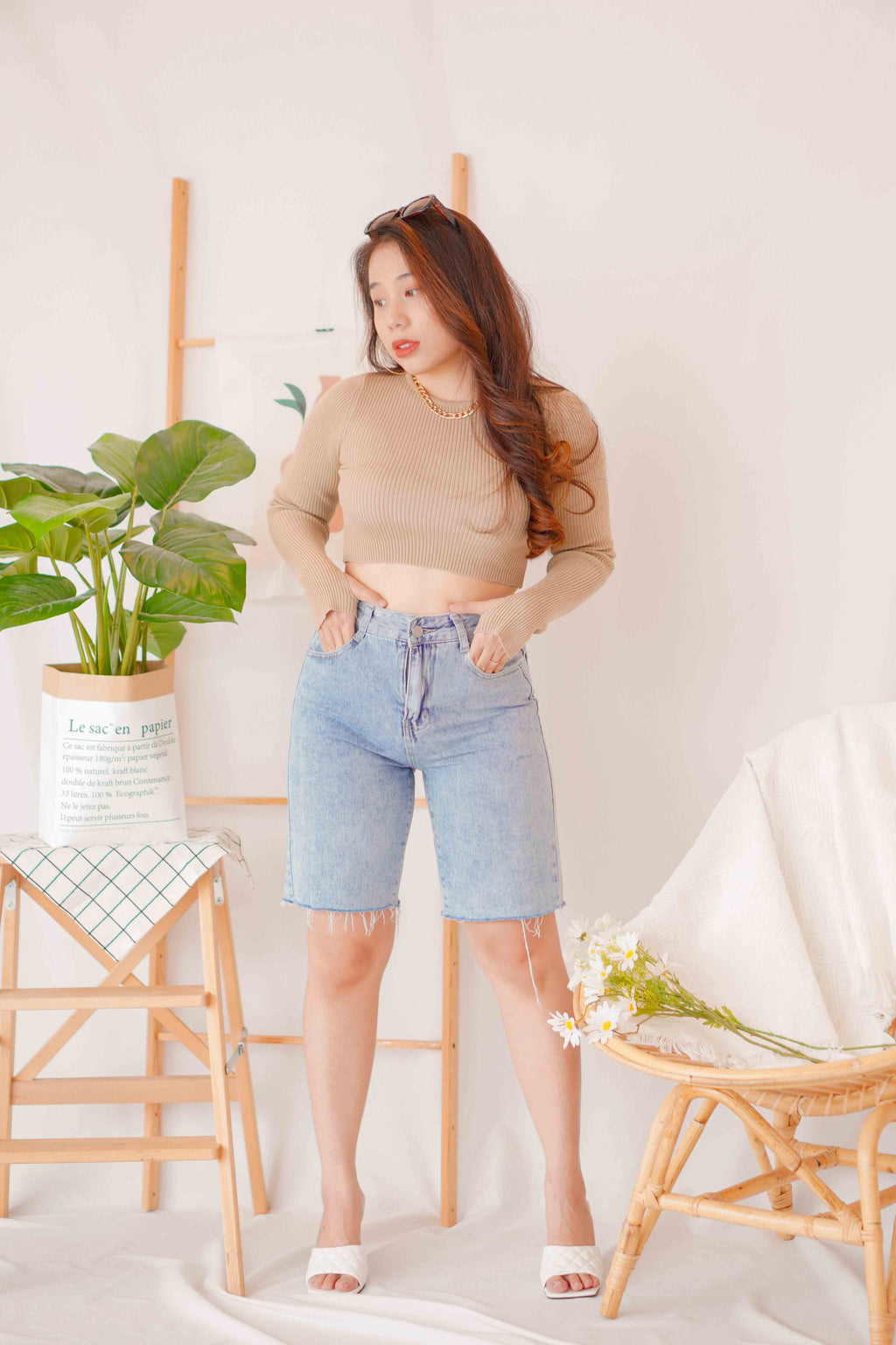 Peaches Midi Denim Shorts in Blue