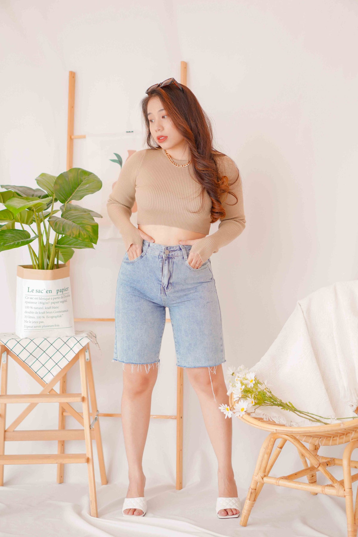 Peaches Midi Denim Shorts in Blue