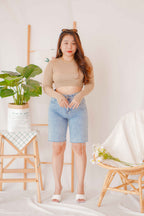 Peaches Midi Denim Shorts in Blue