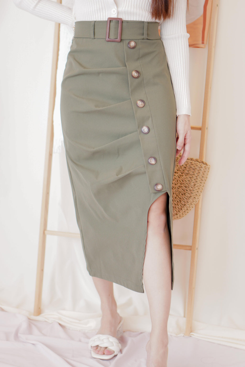 Turn Heads Midi Slit Skirt in Green