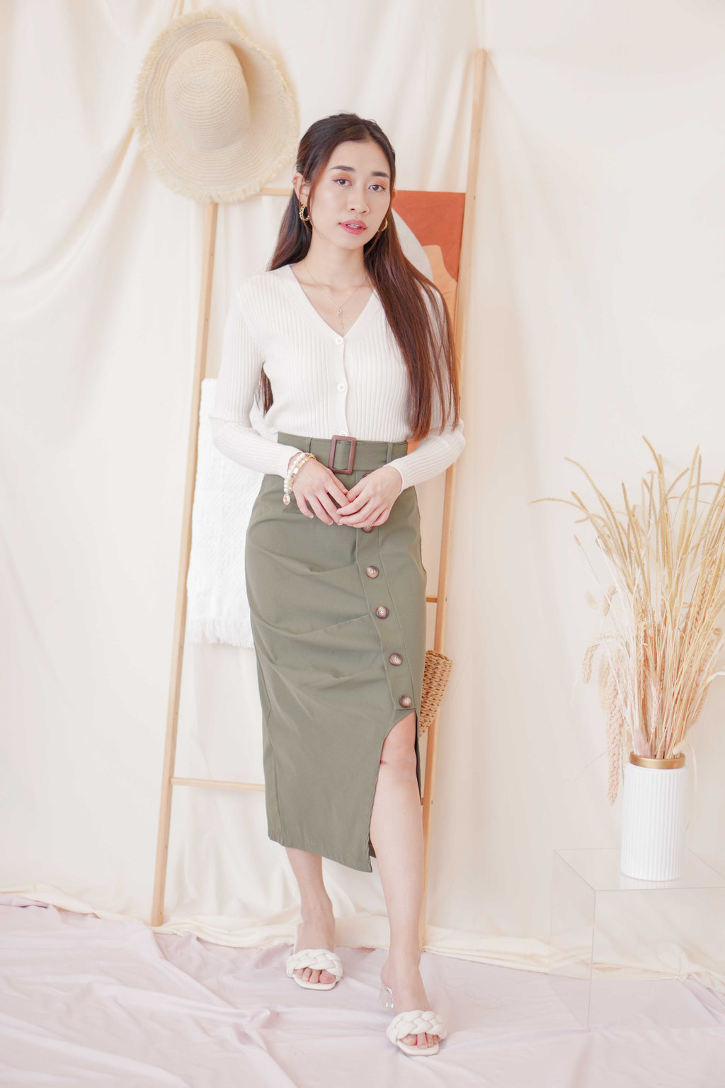 Turn Heads Midi Slit Skirt in Green