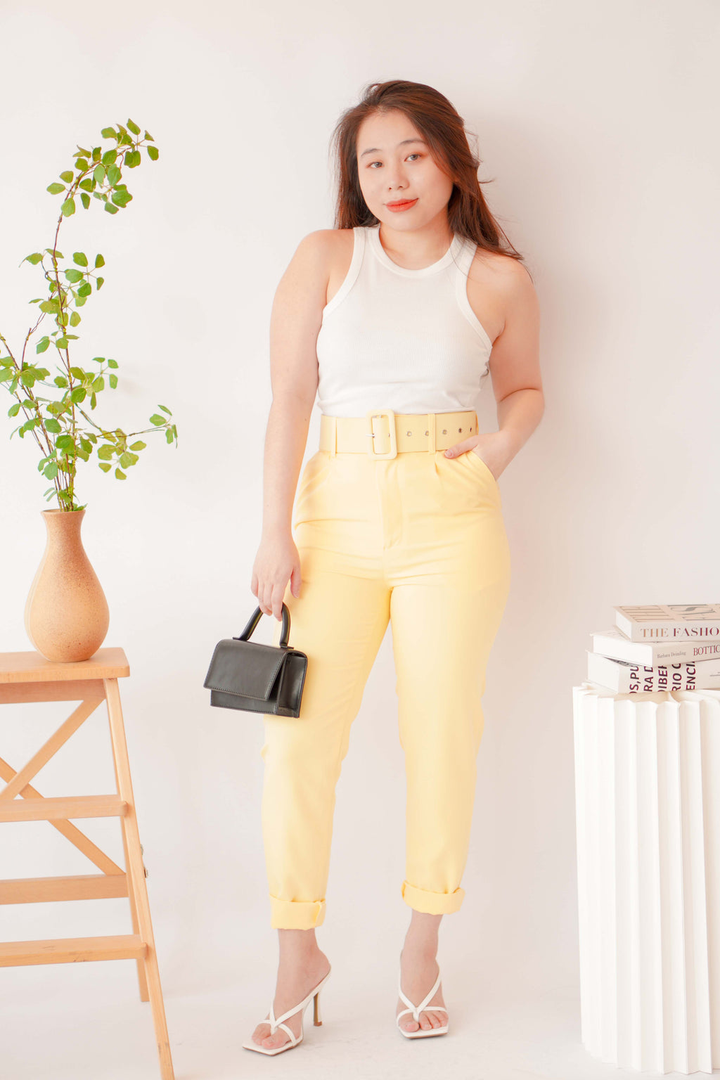 Freda High Waisted Pants with Belt in Yellow