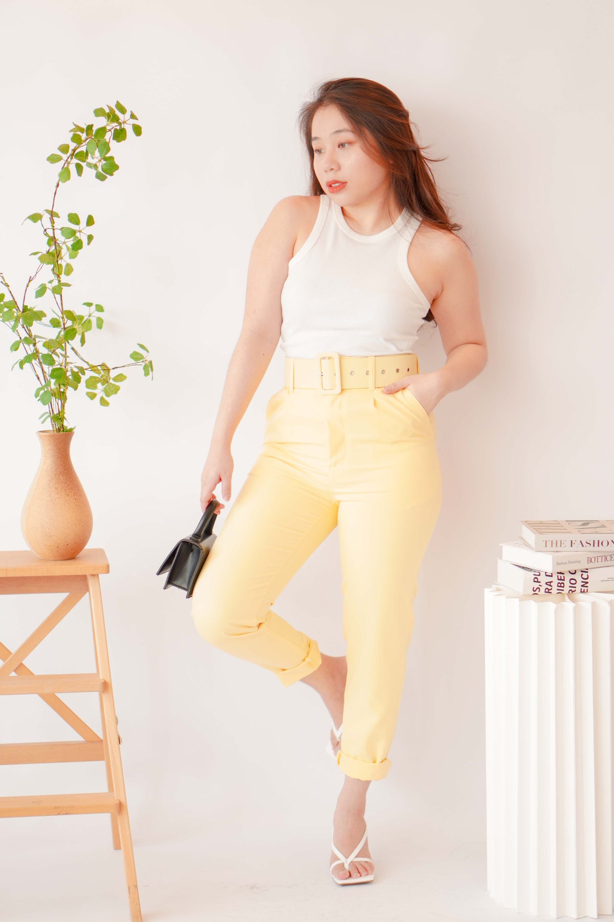 Freda High Waisted Pants with Belt in Yellow