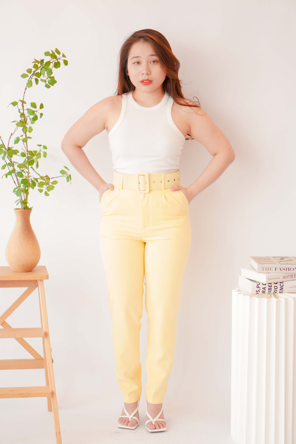 Freda High Waisted Pants with Belt in Yellow