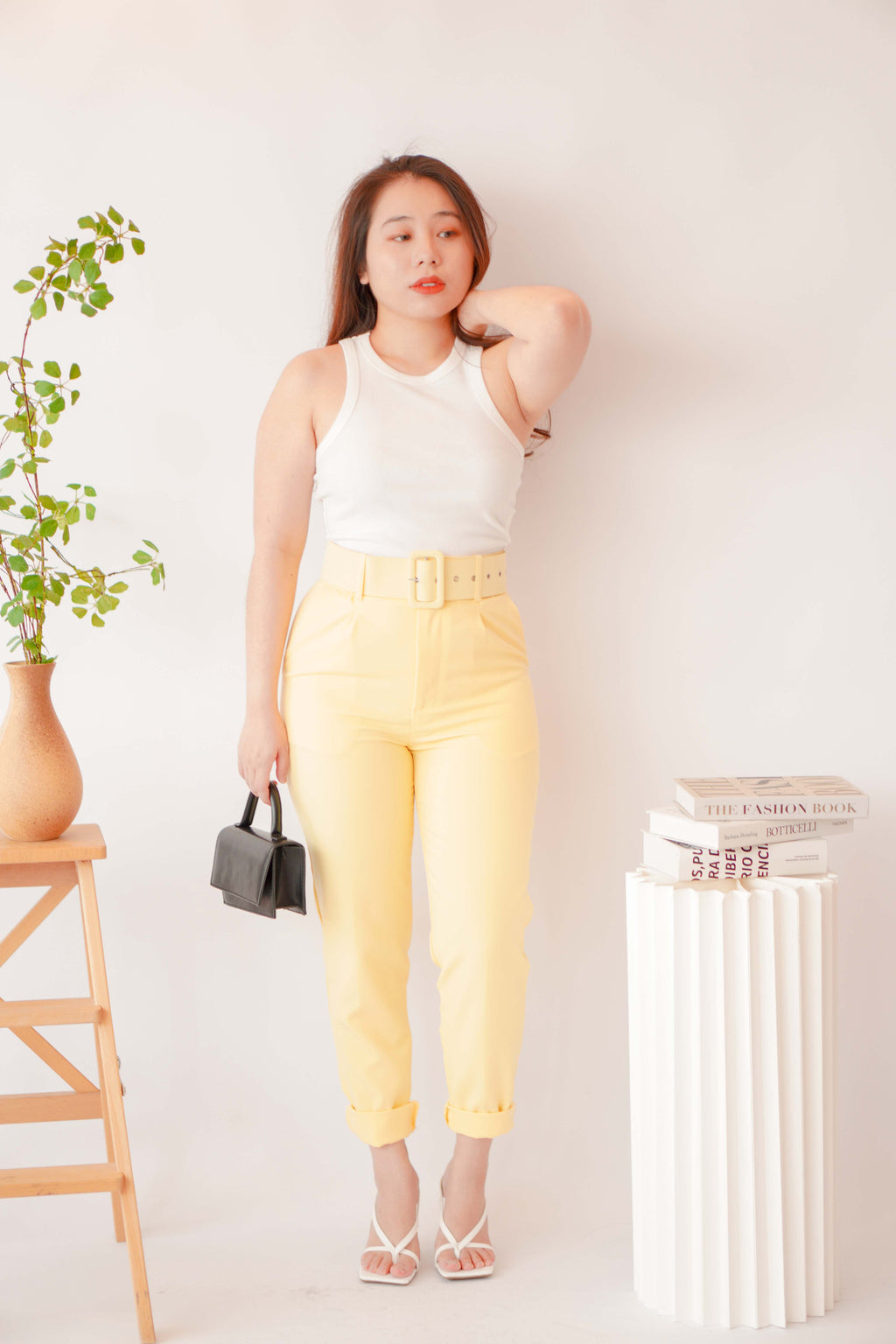 Freda High Waisted Pants with Belt in Yellow