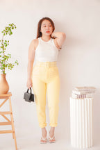 Freda High Waisted Pants with Belt in Yellow