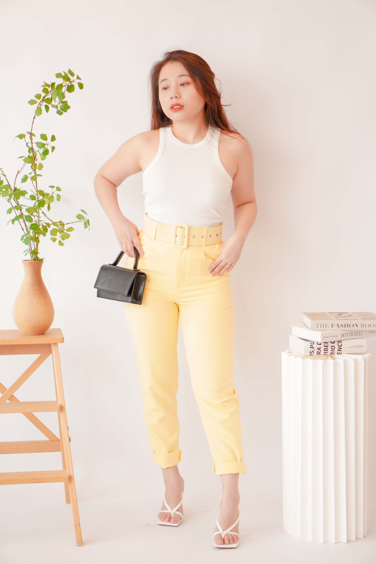 Freda High Waisted Pants with Belt in Yellow