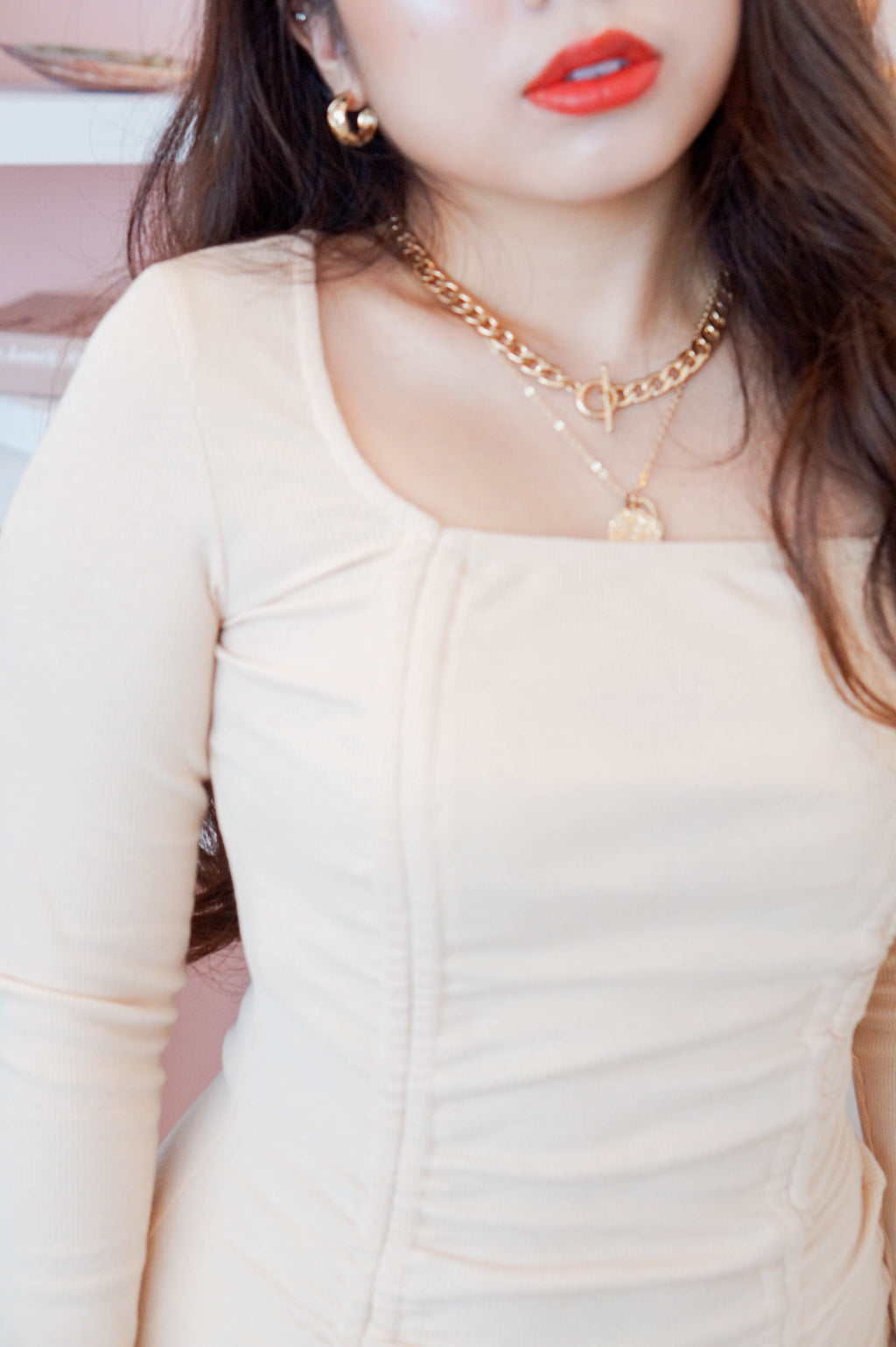 Rewriting Rules Ruched Bodycon Dress in Nude