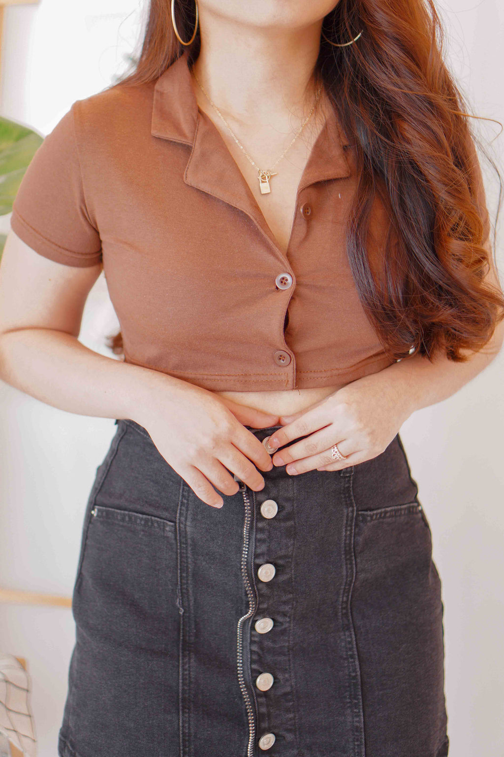 Cocoa Hills Collar Cropped Top in Brown