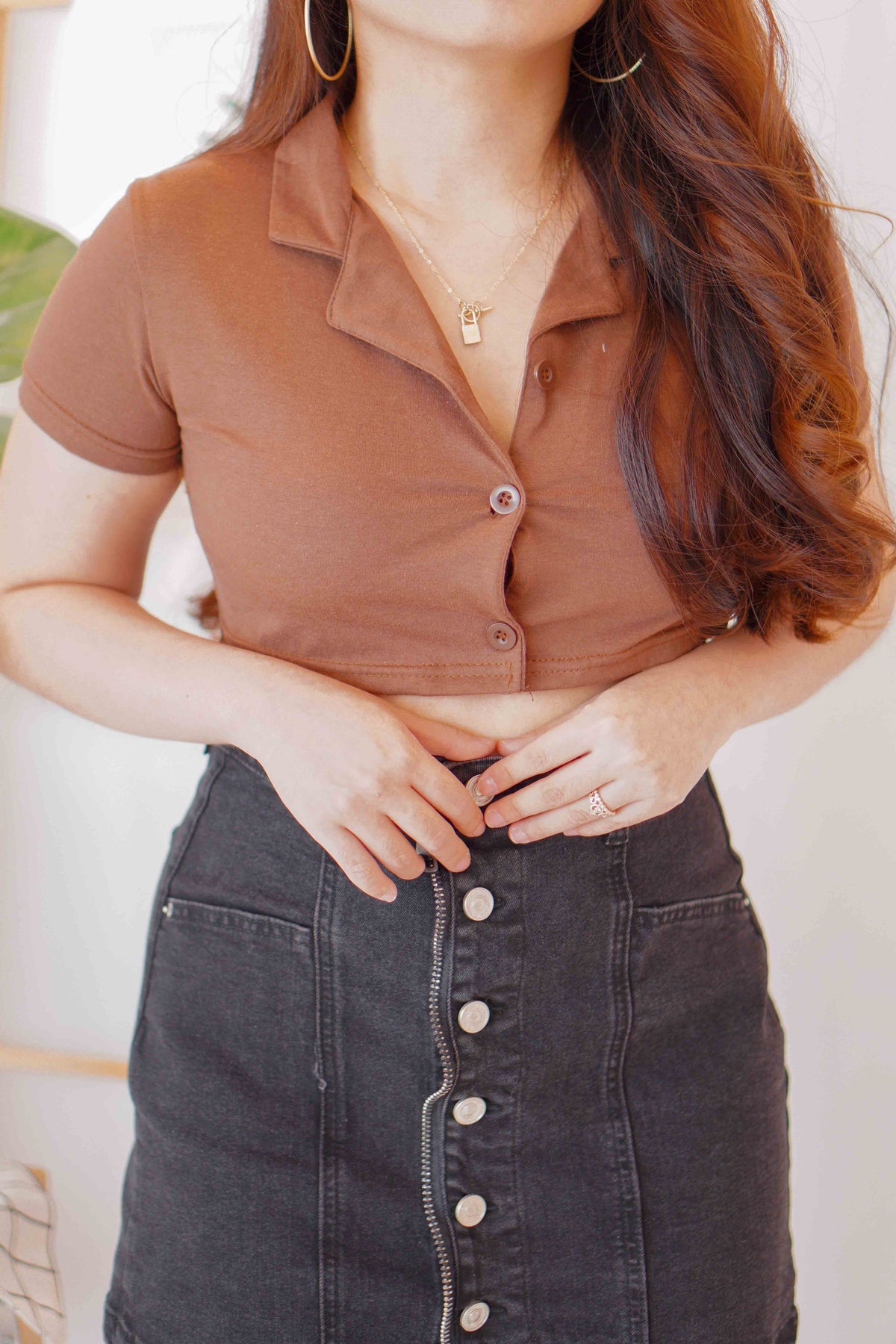 Cocoa Hills Collar Cropped Top in Brown
