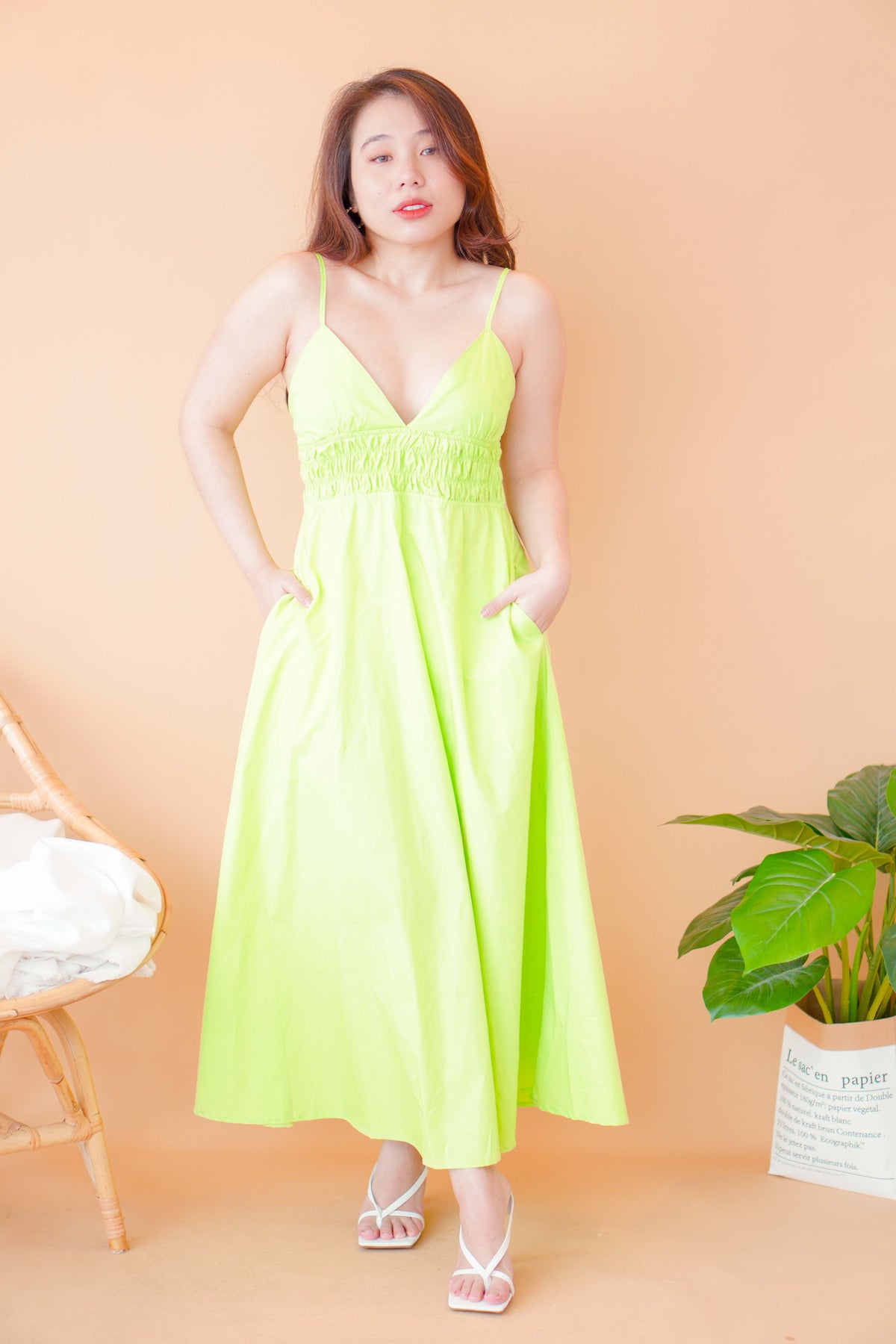 Miah Deep V Midi Dress in Green