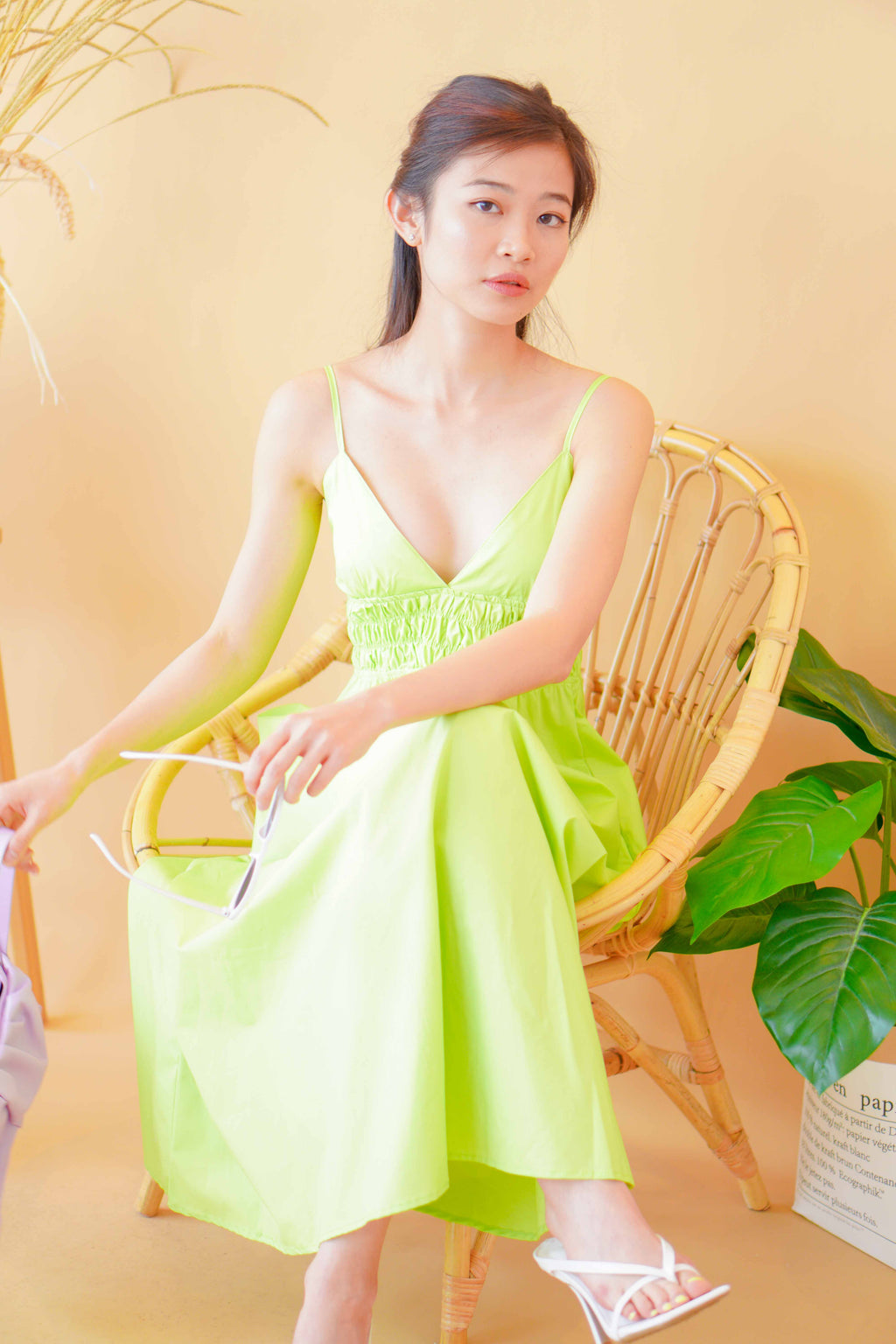 Miah Deep V Midi Dress in Green