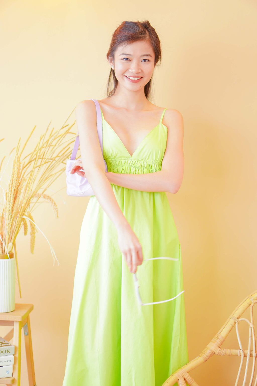 Miah Deep V Midi Dress in Green