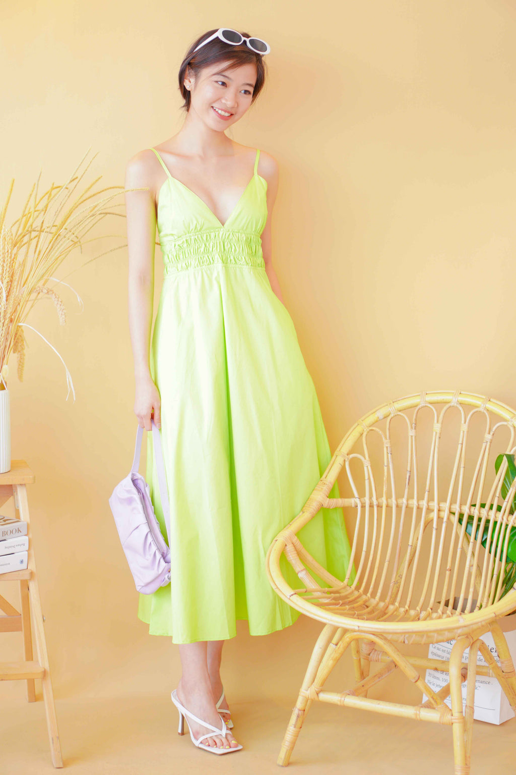 Miah Deep V Midi Dress in Green