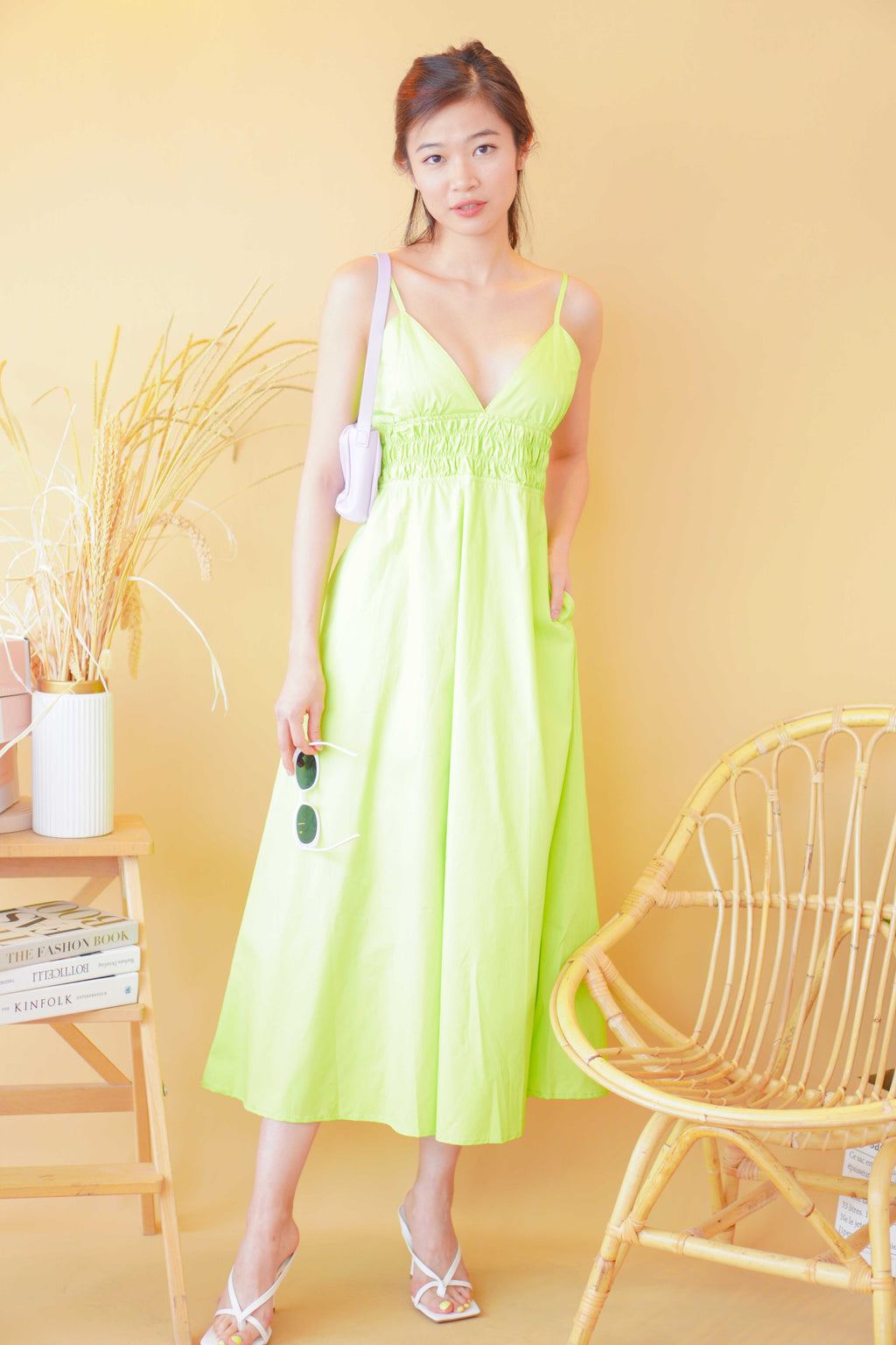 Miah Deep V Midi Dress in Green
