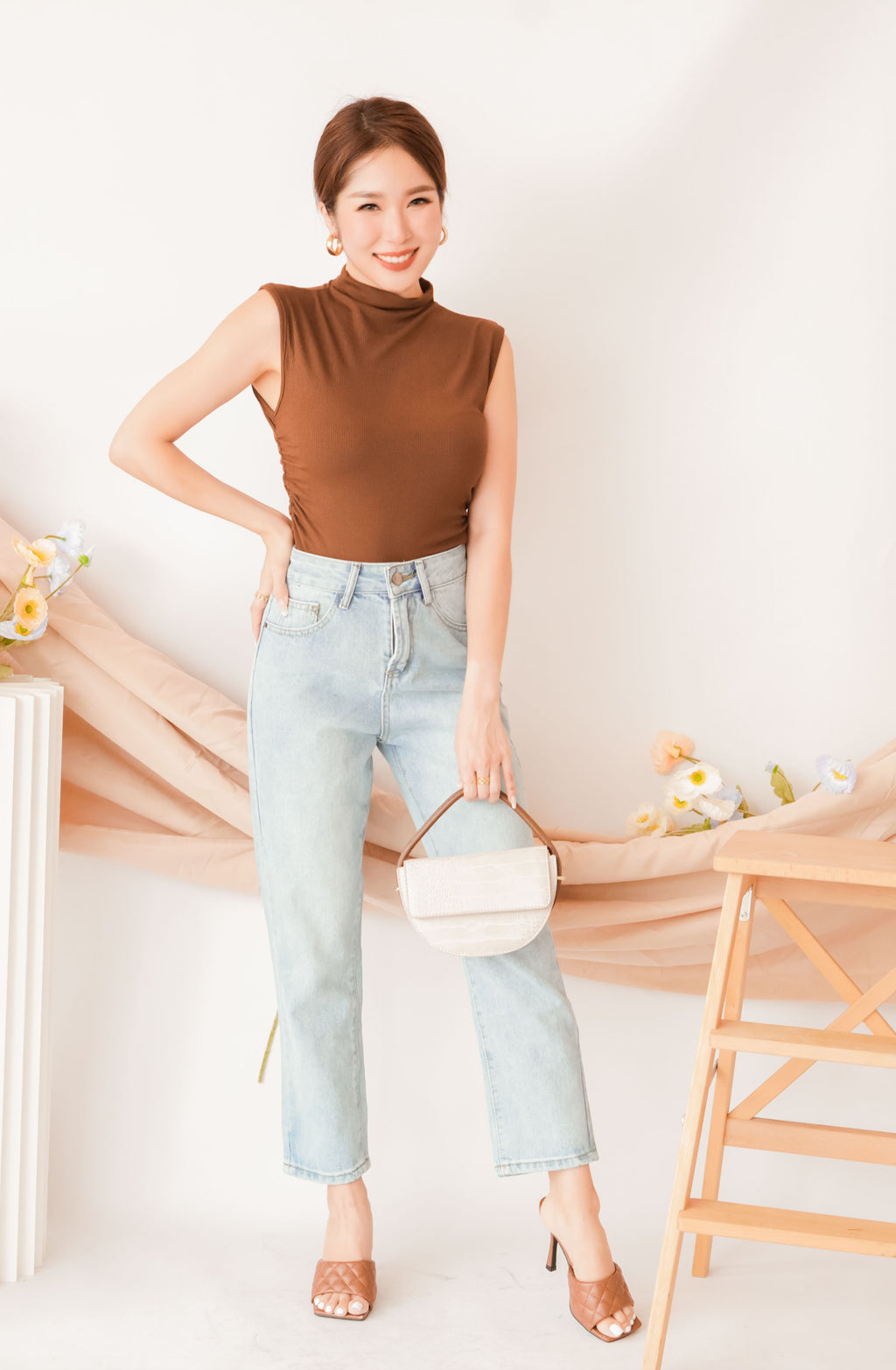 Liza High Neck Basic Top in Brown
