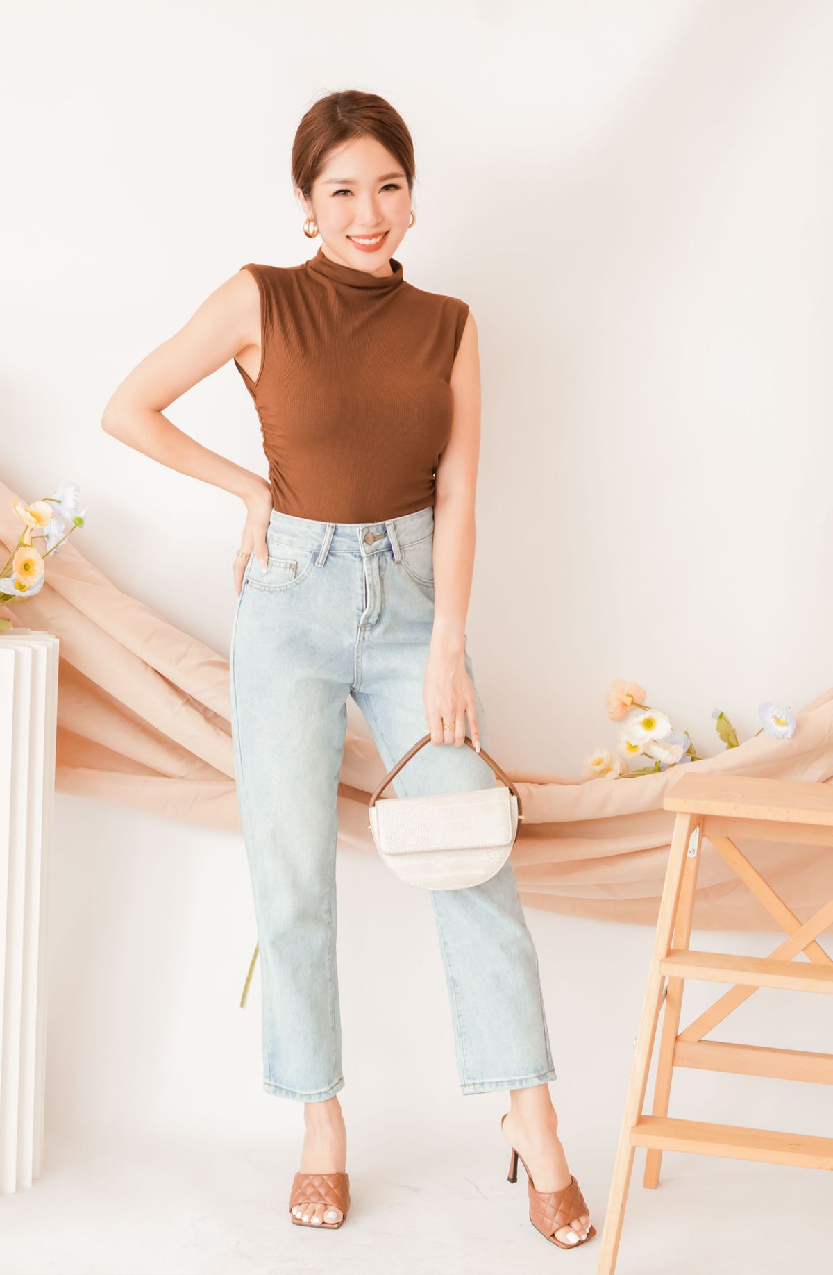 Liza High Neck Basic Top in Brown