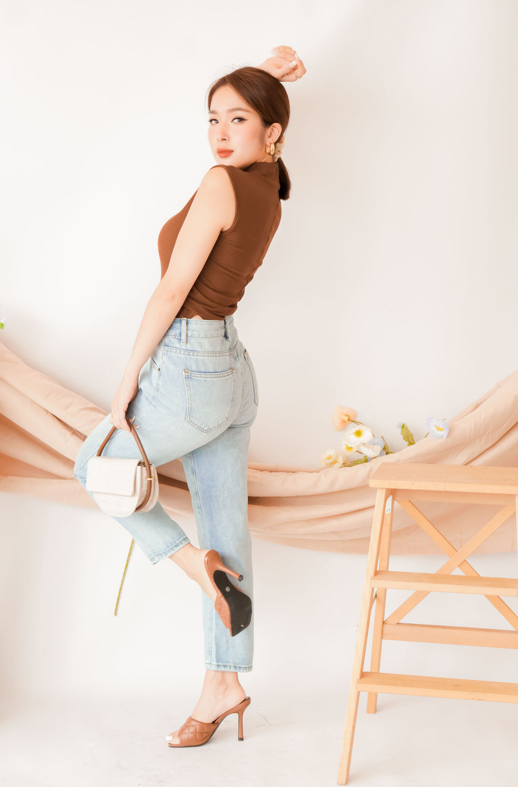 Liza High Neck Basic Top in Brown
