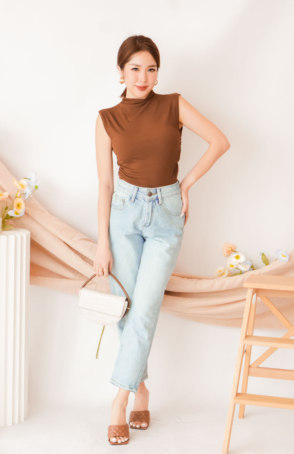 Liza High Neck Basic Top in Brown