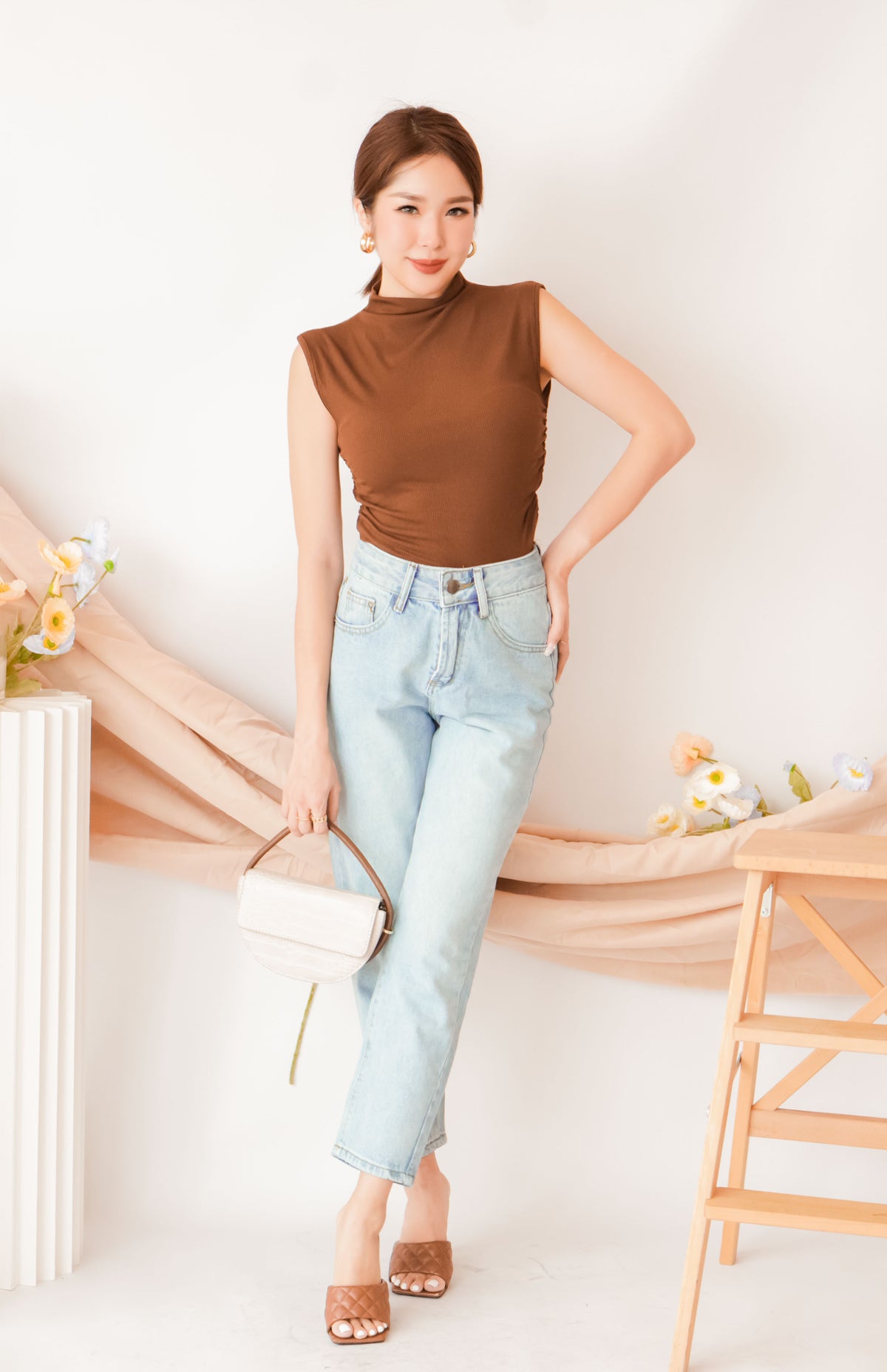 Liza High Neck Basic Top in Brown